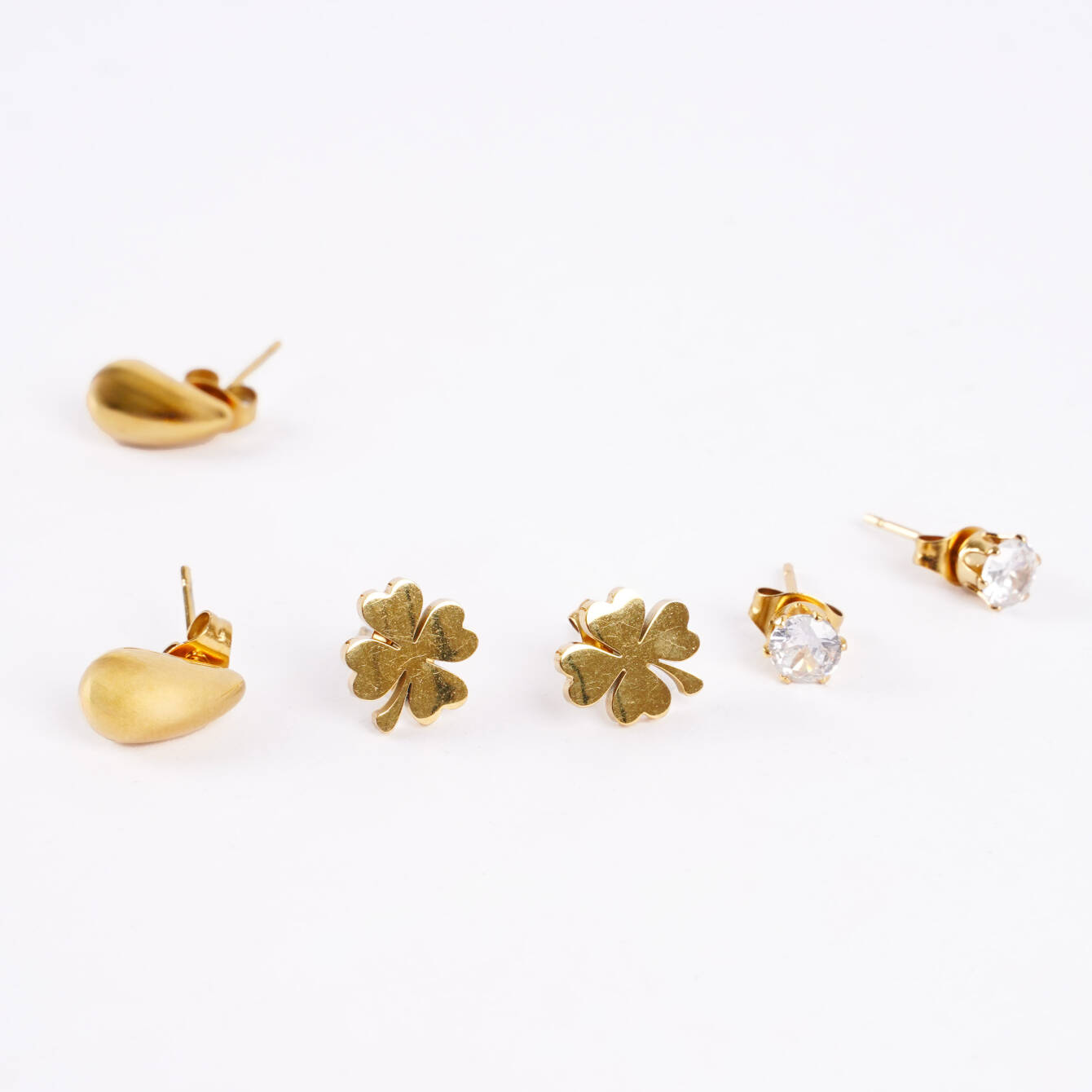 Altın Kaplama Çelik 3’lü Küpe Seti – Yonca, Minimal ve Taş Detaylı - 2