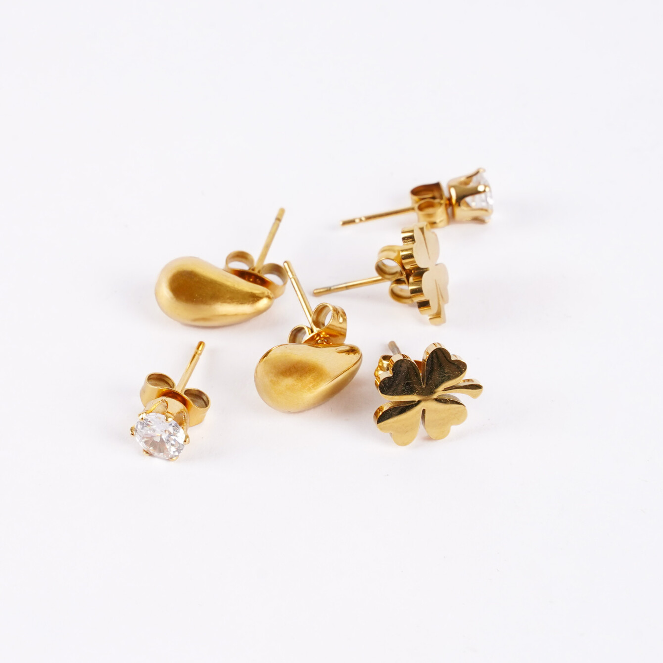 Altın Kaplama Çelik 3’lü Küpe Seti – Yonca, Minimal ve Taş Detaylı - 3