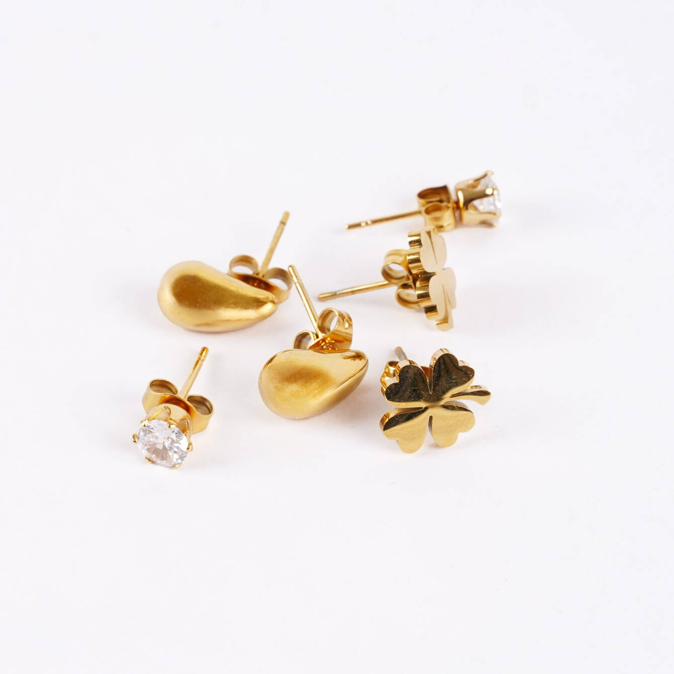 Altın Kaplama Çelik 3’lü Küpe Seti – Yonca, Minimal ve Taş Detaylı - 3