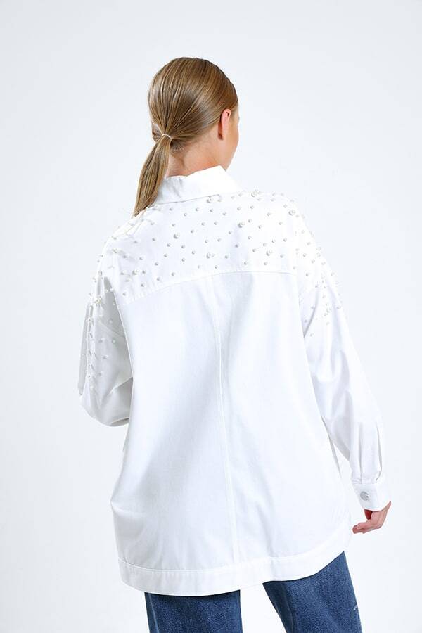 İnci Detaylı Kot Ceket Beyaz - 2
