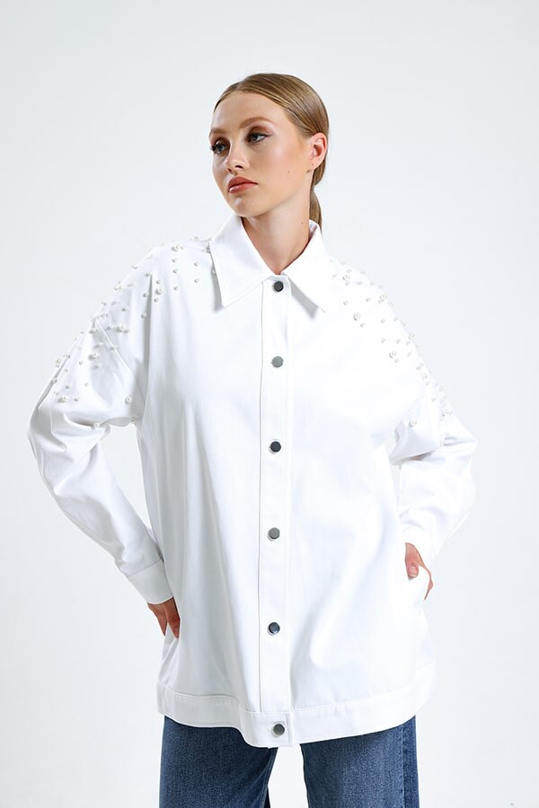 İnci Detaylı Kot Ceket Beyaz - 3