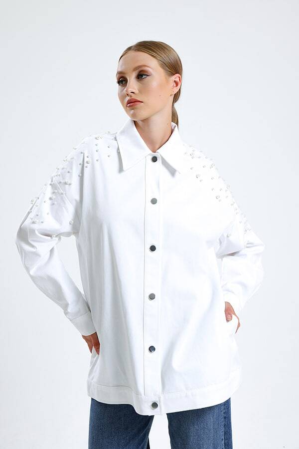 İnci Detaylı Kot Ceket Beyaz - 3