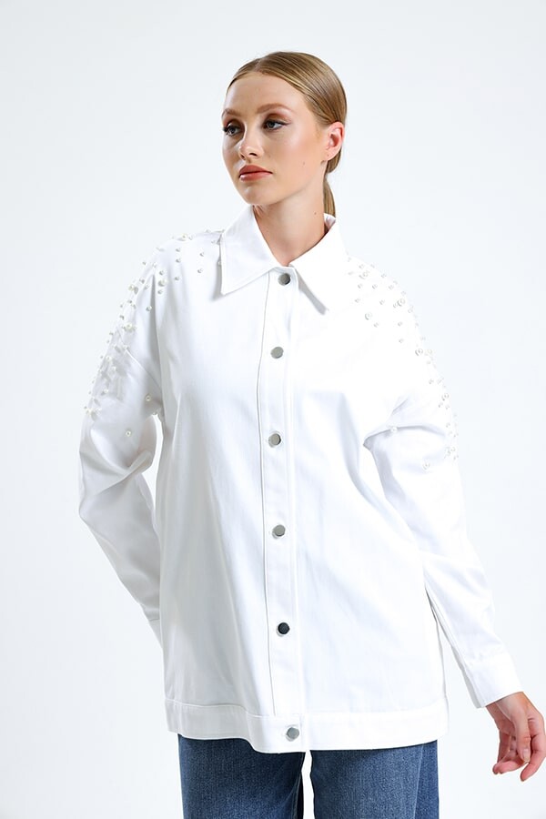 İnci Detaylı Kot Ceket Beyaz - 4