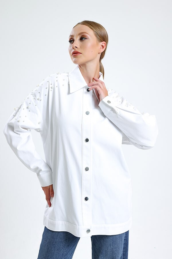 İnci Detaylı Kot Ceket Beyaz - 