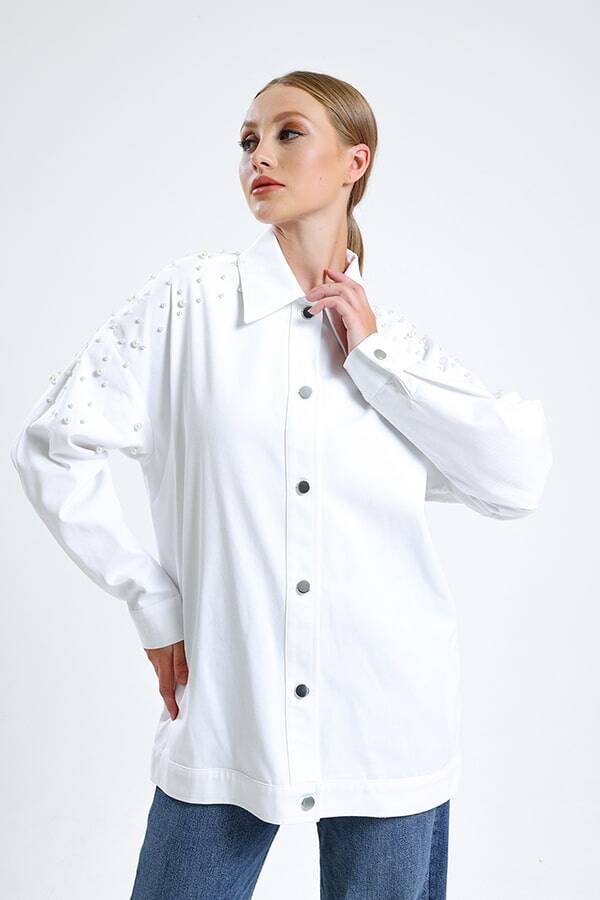 İnci Detaylı Kot Ceket Beyaz - 1