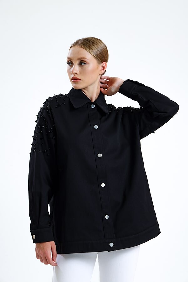İnci Detaylı Kot Ceket Siyah - 4