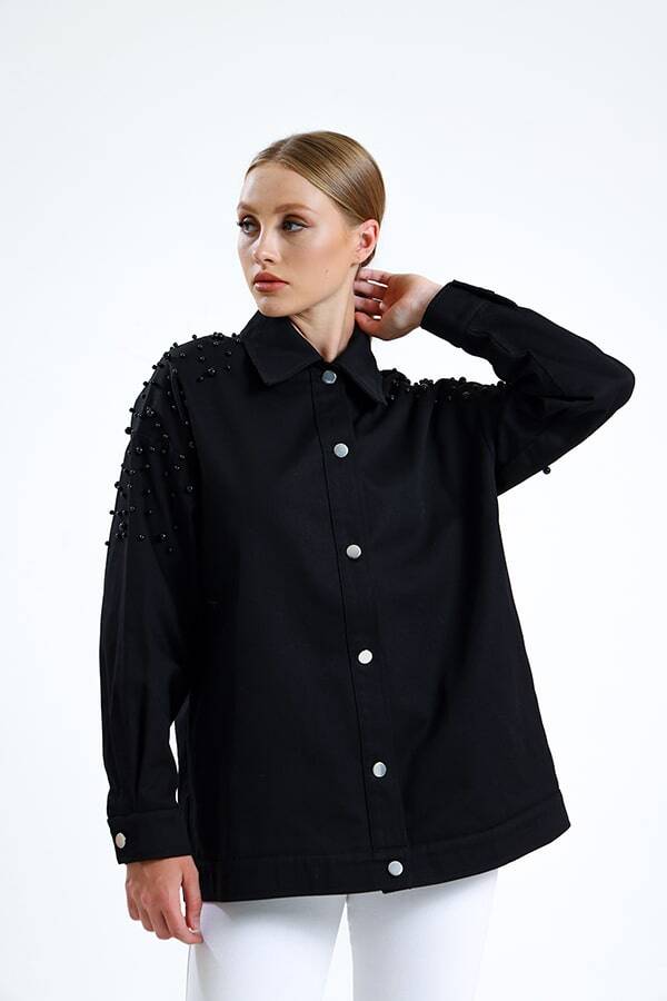 İnci Detaylı Kot Ceket Siyah - 4