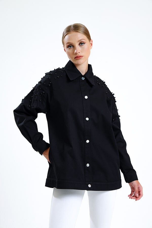 İnci Detaylı Kot Ceket Siyah - 3