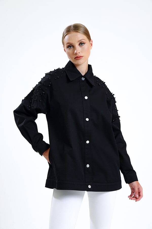 İnci Detaylı Kot Ceket Siyah - 3