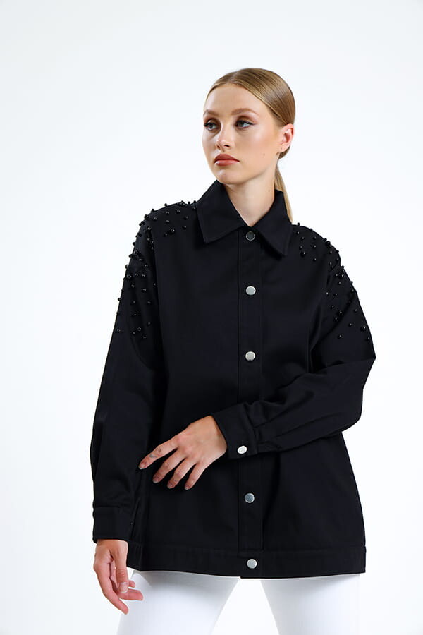 İnci Detaylı Kot Ceket Siyah - 